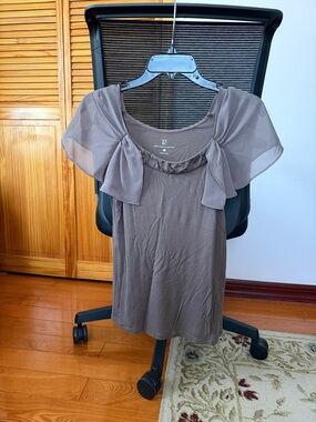 New York & Company Taupe Short-Sleeve Chiffon Accent Top